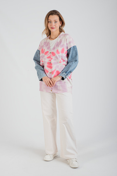 HatunAtila Sleeve Denim Detailed Patterned Long Knitwear Cardigan - 1180-19