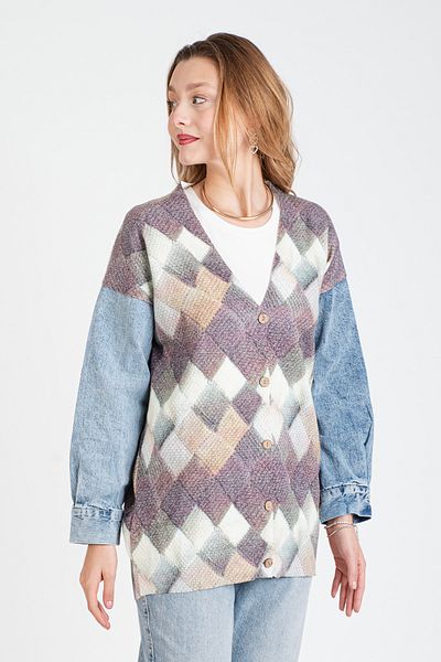 Hatun Atila Cardigan lung tricotat cu model HatunAtila cu mâneci din denim - 1180-10