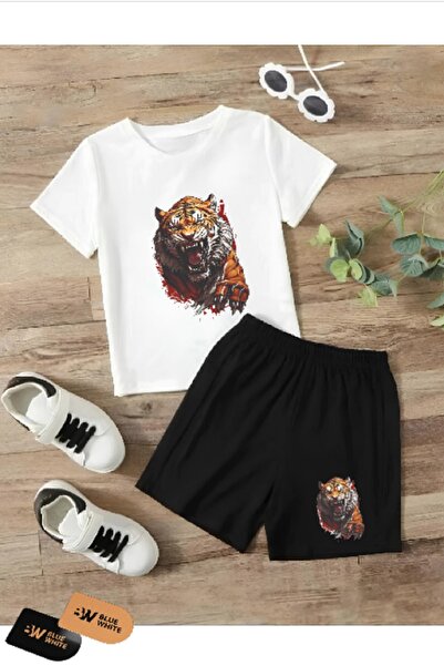 SİNSER TEKS Painted Tiger Printed Children's Shorts and T-shirt Set