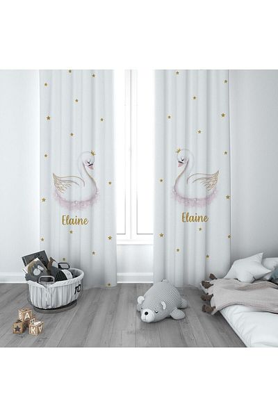 CİCİ ODAM 1 Wing Children's Room Curtain Background Curtain Crowned Swan Spreader Star