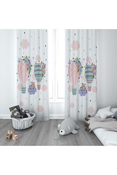 CİCİ ODAM 1 Kanat Çocuk Odası Perdesi Fon Perde Bulutlu Yıldızlı Uçan Balon Ç...