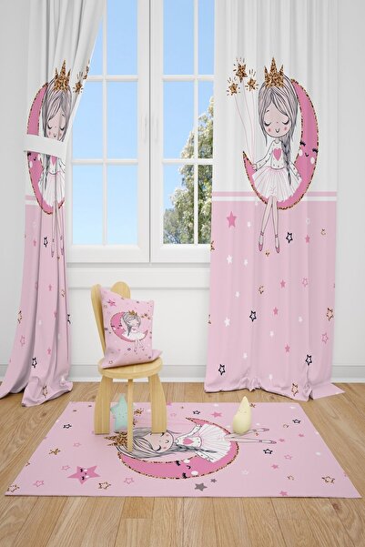 CİCİ ODAM 2 Kanat Ayda Oturan Pembe Elbiseli Kız Çocuk Odası Perdesi Fon Perde