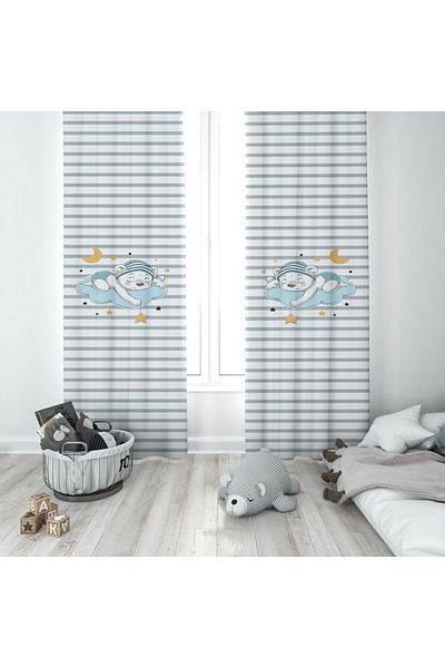 CİCİ ODAM 1 Wing Children's Room Curtain Background Curtain Striped Cloud Sleeping Teddy Bear on Base