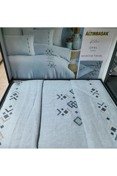Altınbaşak Set cuvertură de pilota dublă brodată din marmură opală - personalizat
