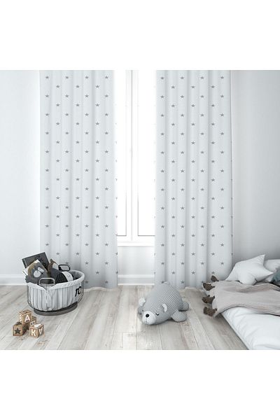 CİCİ ODAM 1 Wing Children's Room Curtain Background Curtain White Backdrop Spreader Gray Stars