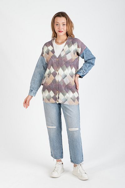 Hatun Atila Cardigan lung tricotat cu model HatunAtila cu mâneci din denim - 1180-10