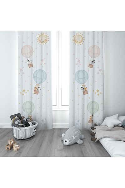 CİCİ ODAM 1 Wing Children's Room Curtain Background Curtain Starry Flying Balloon Cute Animals
