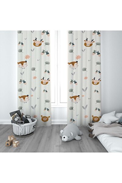 CİCİ ODAM 1 Kanat Çocuk Odası Perdesi Fon Perde Ayılı ve Geyikli