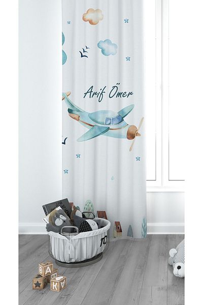 CİCİ EKO Tayyare Airplane Children's Room Curtain Background Curtain