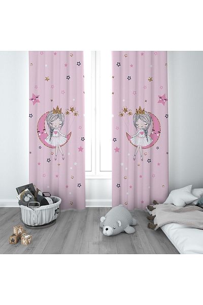 CİCİ ODAM 1 Wing Children's Room Curtain Background Curtain Starry Moon Sleeping Moon Girl