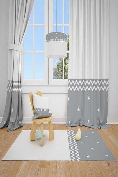 CİCİ ODAM 2 Wings Cici Carpet Gray White Backdrop Zigzag And Stars Children Baby Room Background Curtain
