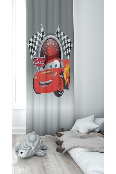 CİCİ EKO 1 Wing Lightning Mcqueen Flag Laser Edge Cut Fine Honeycomb Fabric Decorative Kids Room Curtain