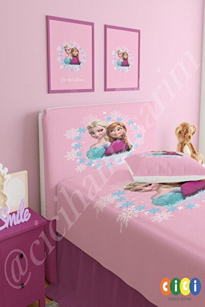 CİCİ ODAM Baza Başlık Kılıfı Pembe Zemin Elsa Ve Anna