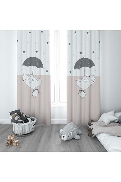 CİCİ ODAM 1 Wing Children's Room Curtain Background Curtain Starry Bear Penguin