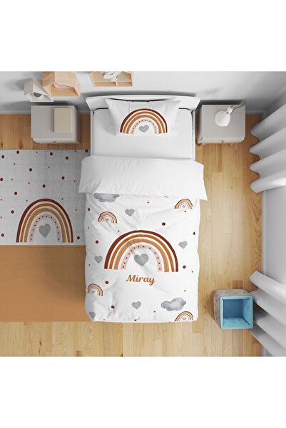 CİCİ ODAM Çocuk Yatak Örtüsü HEDİYE Yastık Kılıfı Bulutlu Puantiyeli Kalpli Gökkuşağı