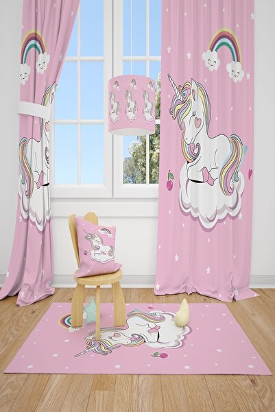 CİCİ ODAM 2 Kanat Unicorn At Kiraz Çocuk Odası Perdesi Fon Perde