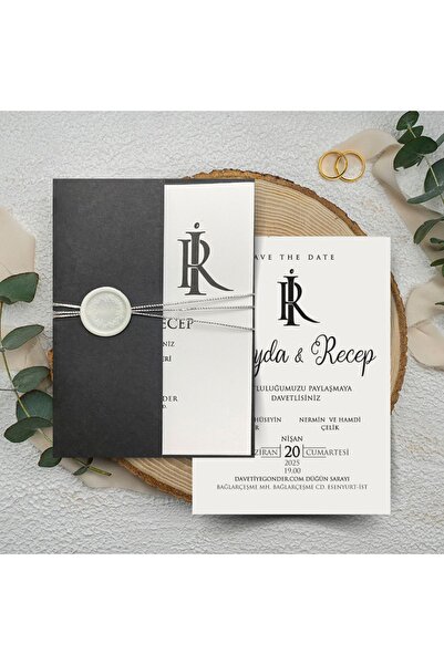 GNDR Mühürlü Kurdeleli Tek Kapaklı Siyah Davetiye - MK58325