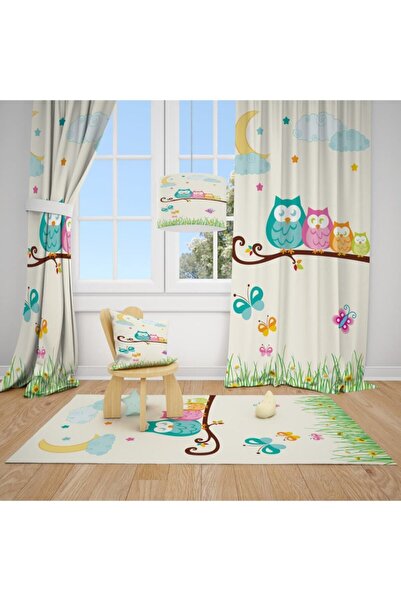CİCİ ODAM 2 Kanat Baykuş Ailesi Kelebek Çiçek Çocuk Bebek Odası Perdesi Fon P...