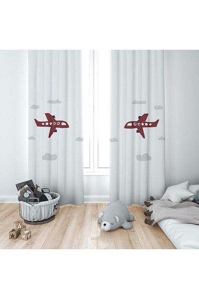 CİCİ ODAM 1 Wing Children's Room Curtain Background Curtain Cloudy Plane