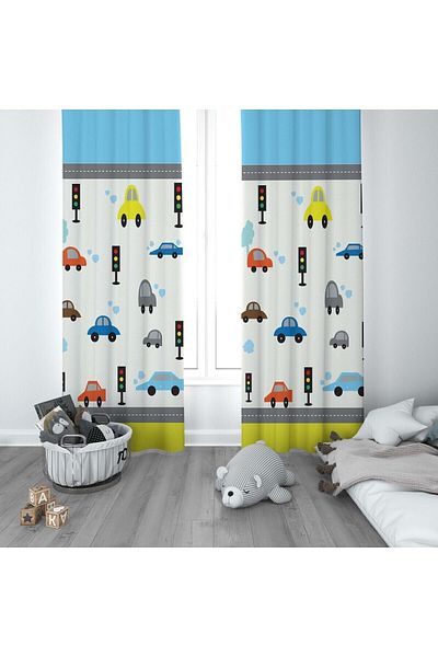 CİCİ ODAM 1 Wing Children's Room Curtain Background Curtain Colorful Trolley Traffic Lamps