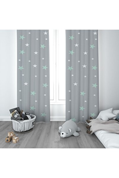CİCİ ODAM 1 Kanat Çocuk Odası Perdesi Fon Perde Serpme Beyaz ve Mint Yeşili Y...