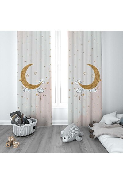 CİCİ ODAM 1 Kanat Çocuk Odası Perdesi Fon Perde Bulutlu Ay ve Yıldızlı