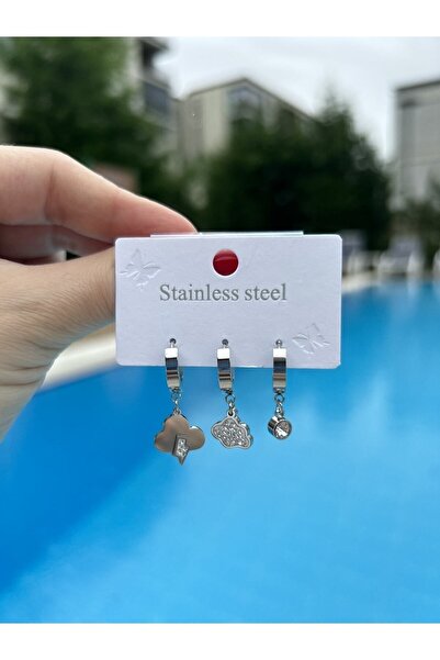 BUJİTERİM مجموعة من 3 أقراط سحابية من الفولاذ المقاوم للتشويه باللون الفضي