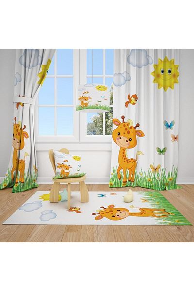 CİCİ ODAM 2 Wings Giraffe,bird,sun,cloud,butterfly,grass Children Baby Room Curtain Background Curtain