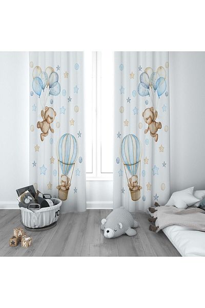 CİCİ ODAM 1 Wing Children's Room Curtain Background Curtain Starry Flying Balloon Teddy Bear