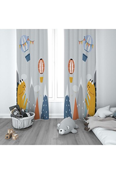 CİCİ ODAM 1 Kanat Çocuk Odası Perdesi Fon Perde Dinozorlu Uçan Balon Dağlar