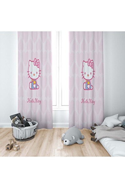 CİCİ ODAM 1 Kanat Çocuk Odası Perdesi Fon Perde Kalpli Hello Kitty