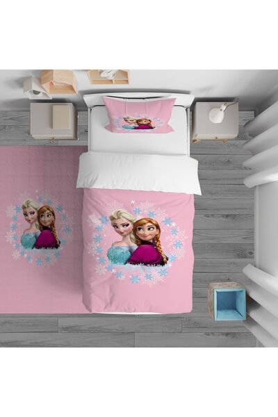CİCİ ODAM Yatak Örtüsü Pembe Zemin Elsa Ve Anna 140x220 - Yastık Kılıfı Hediye