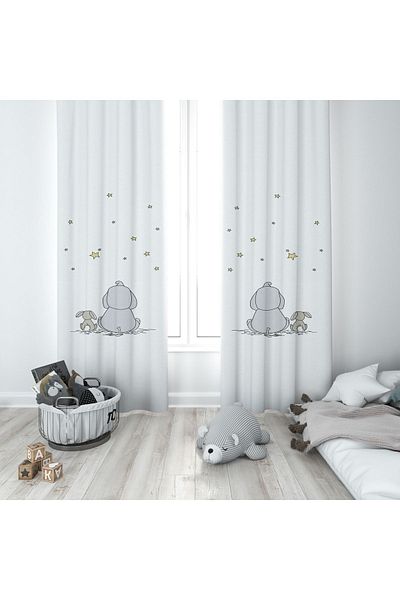 CİCİ ODAM 1 Wing Children's Room Curtain Background Curtain with Back Turned Elephant and Rabbit Stars