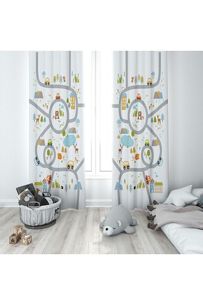 CİCİ ODAM 1 Wing Children's Room Curtain Background Curtain with Car married Driveway