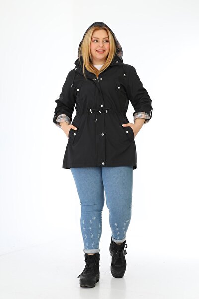 TUTveAL Collection Kadın Suya Dayanıklı Büyük Beden Trençkot Kapüşonlu Ekoseli Siyah Trençkot Bonded Kumaş Trençkot