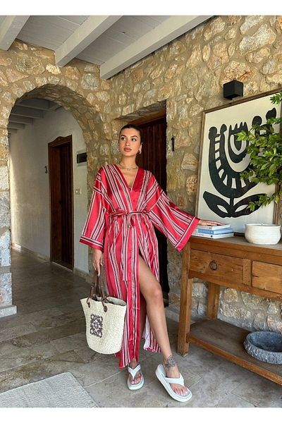 Enie Women's Red Striped Satin Long Kimono
