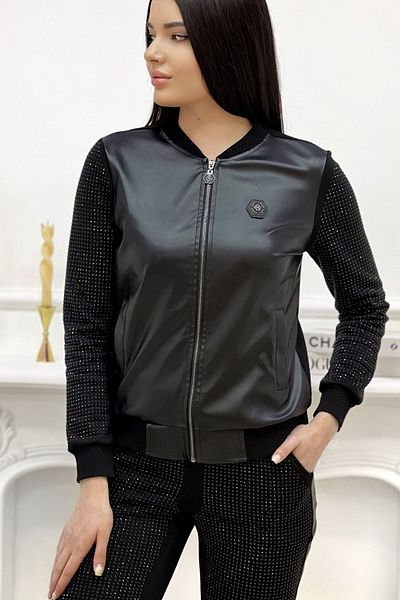 RICH GLAM Черен памучен комплект от три нишки с цип от изкуствена кожа изцяло Crystal Stone