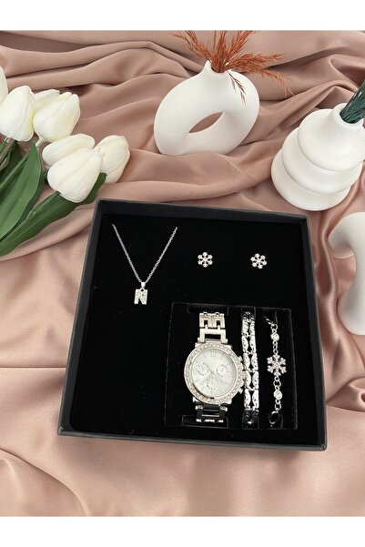 Arzu Butik Kişiye özel harfli gümüş kadın kol saati, saat bileklik kolye küpe hediye seti ( N ) harfi
