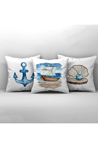 CİCİ ODAM Çocuk Bebek Odası Kırlent Kılıfı Yelkenli Denizci Çapa İnci