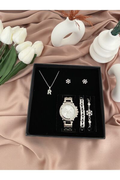 Arzu Butik Kişiye özel harfli gümüş kadın kol saati, saat bileklik kolye küpe hediye seti ( R ) harfi