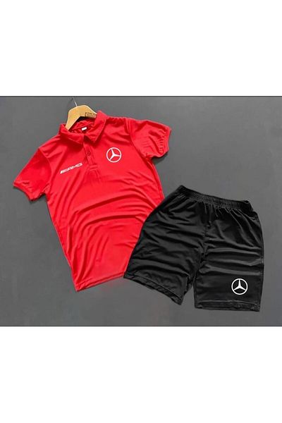 ByFourMan Scuba Red Printed Polo Collar Shorts Set