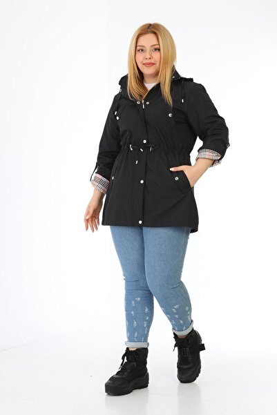 TUTveAL Collection Kadın Suya Dayanıklı Büyük Beden Trençkot Kapüşonlu Ekoseli Siyah Trençkot Bonded Kumaş Trençkot