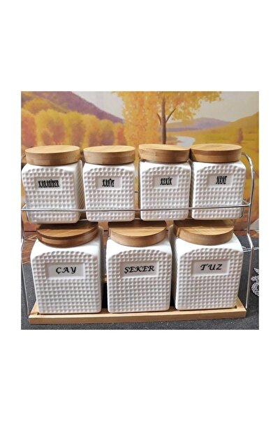 Gönül Kolat Porselen Baharat Takımı 7 Li Bambu Kapak Baharatlık 2036