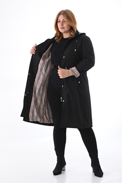 TUTveAL Collection Women's Water Resistant Plus Size Trench Coat Long Hooded Trench Coat Bonded Fabric Inside Plaid Trench Coat