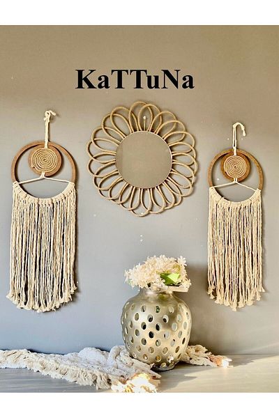 kattuna Bohemian Daisy Mirror and Macrame - 3-piece Duar Decoration Product Set