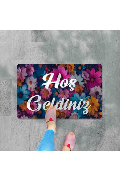 M&H Quality 3D Door Mat - Welcome Written Flower Pattern, Digital PrinteD, Washable