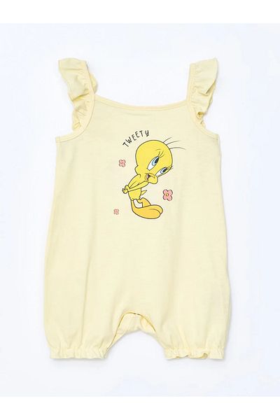 LC Waikiki Lcw Baby Light Yellow Square Neck Strap Tweety Printed Baby Girl Romper