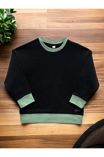 DGK COLLECTİON Dgk Collection Oversize Boy Black Green Ribbed Sweatshirt 100% Cotton Printed