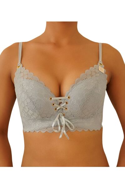 F.K Front Tied Unsupported Lace Detailed Bra Black Gray 1206