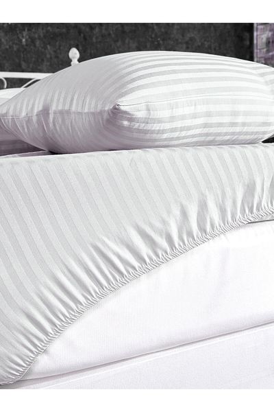 uykulife home collection White Striped Satin - Single Elastic Sheet Set